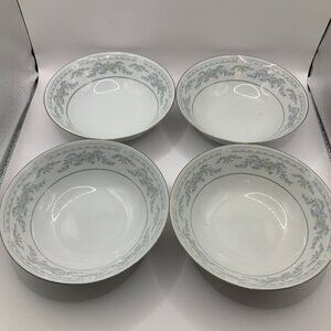 Somerset Blue, Pink & Green Flowers w/Blue Ribbon Silver Trimmed Bowl